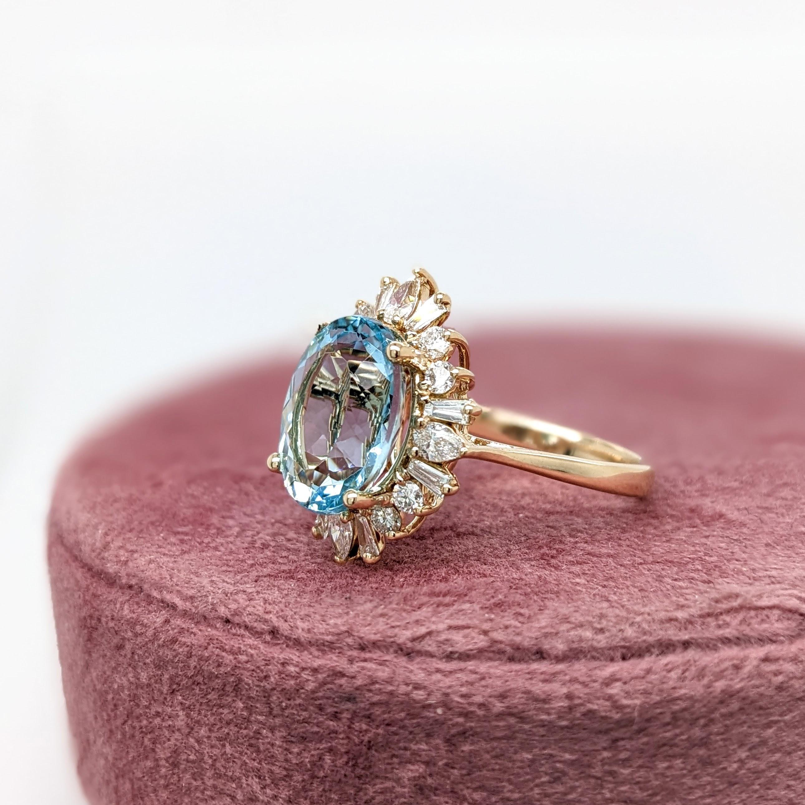 Oval Cut Fancy Aquamarine Ring w Natural Diamond Halo in Solid 14K Yellow Gold Oval 11x9