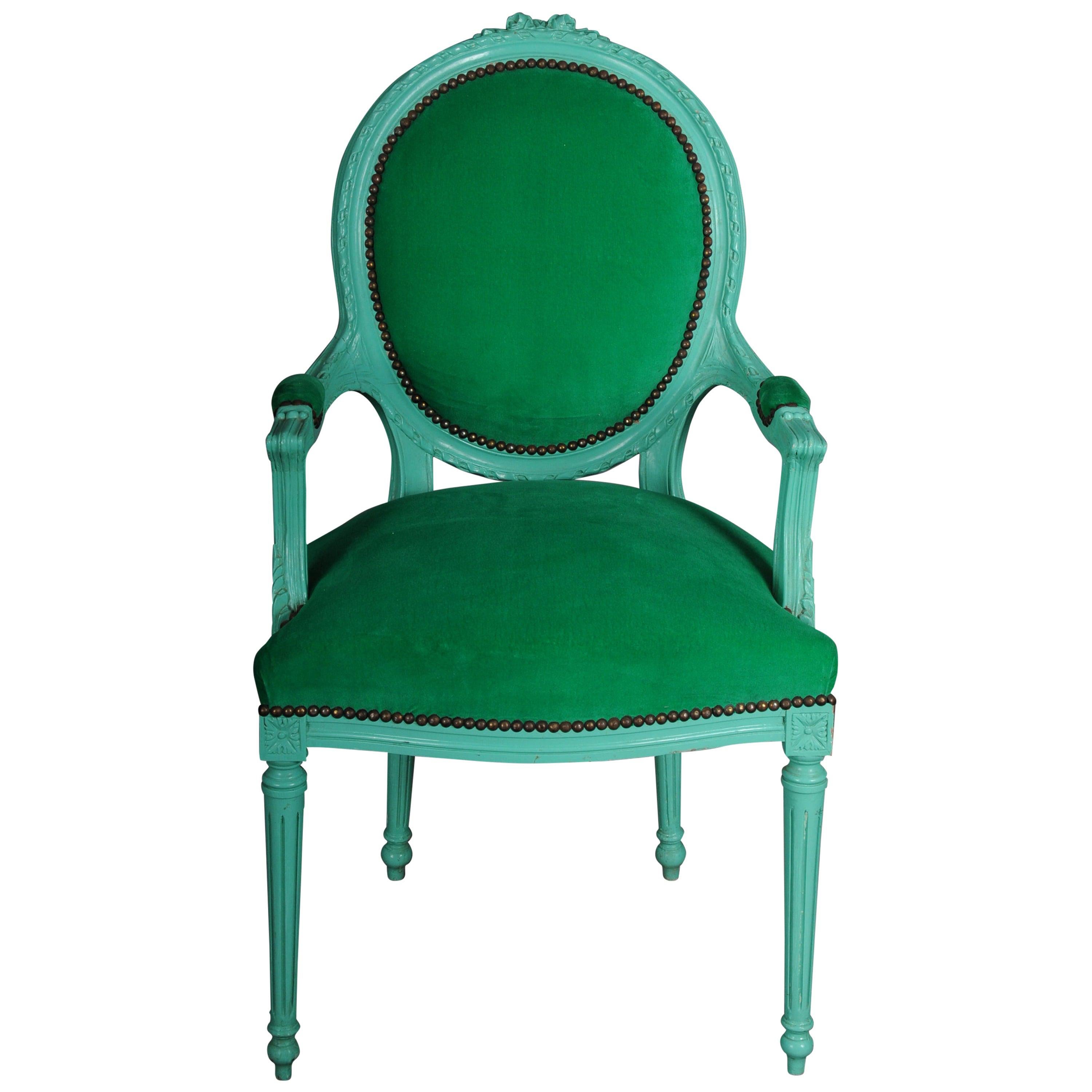 Fancy Armchair/Chair in Louis XVI Style, Green For Sale