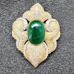 Fancy Art Deco Pendant Brooch with Green Emerald Cab
