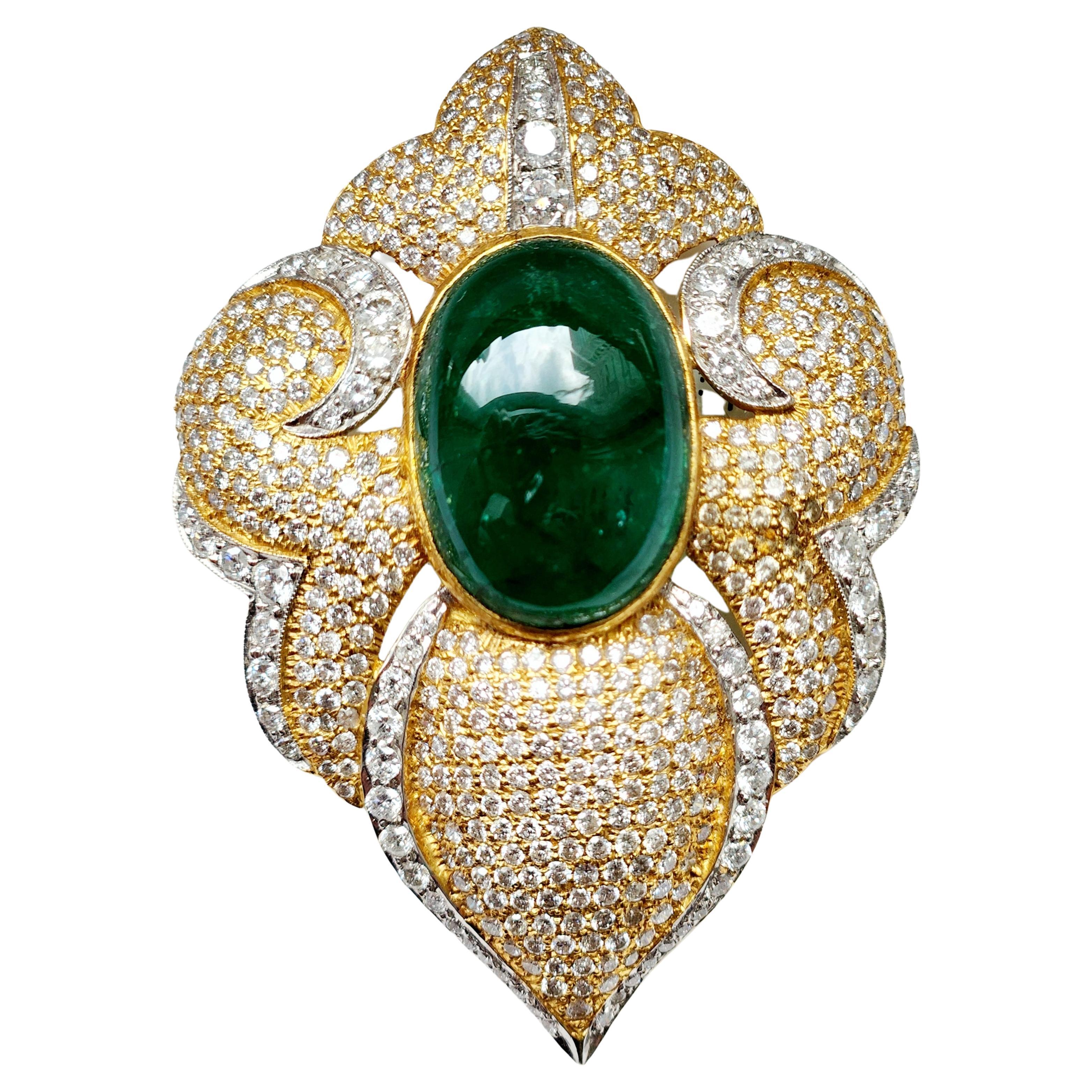 Fancy Art Deco Pendant Brooch with Green Emerald Cab For Sale