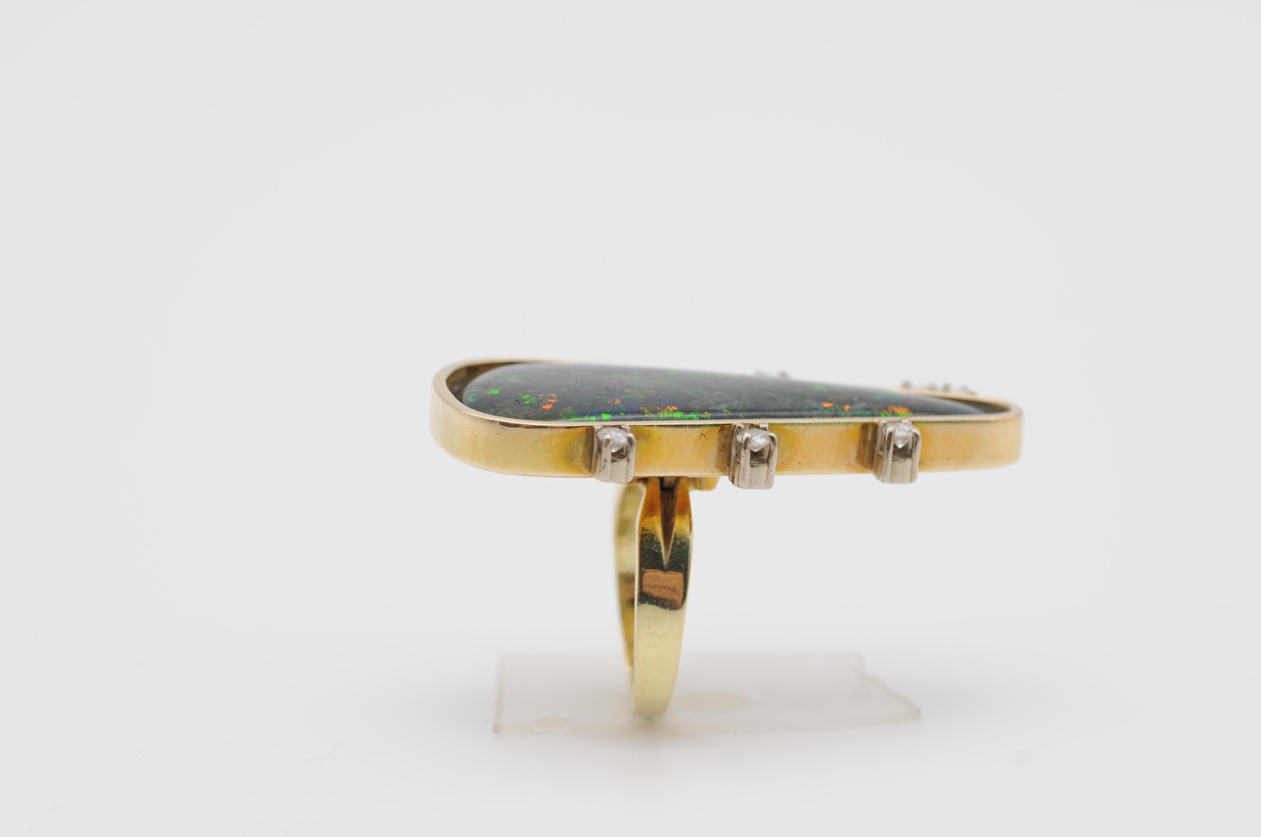 Fancy Australian Black Opal Ring with Brilliants, 14k Yellow Gold 11