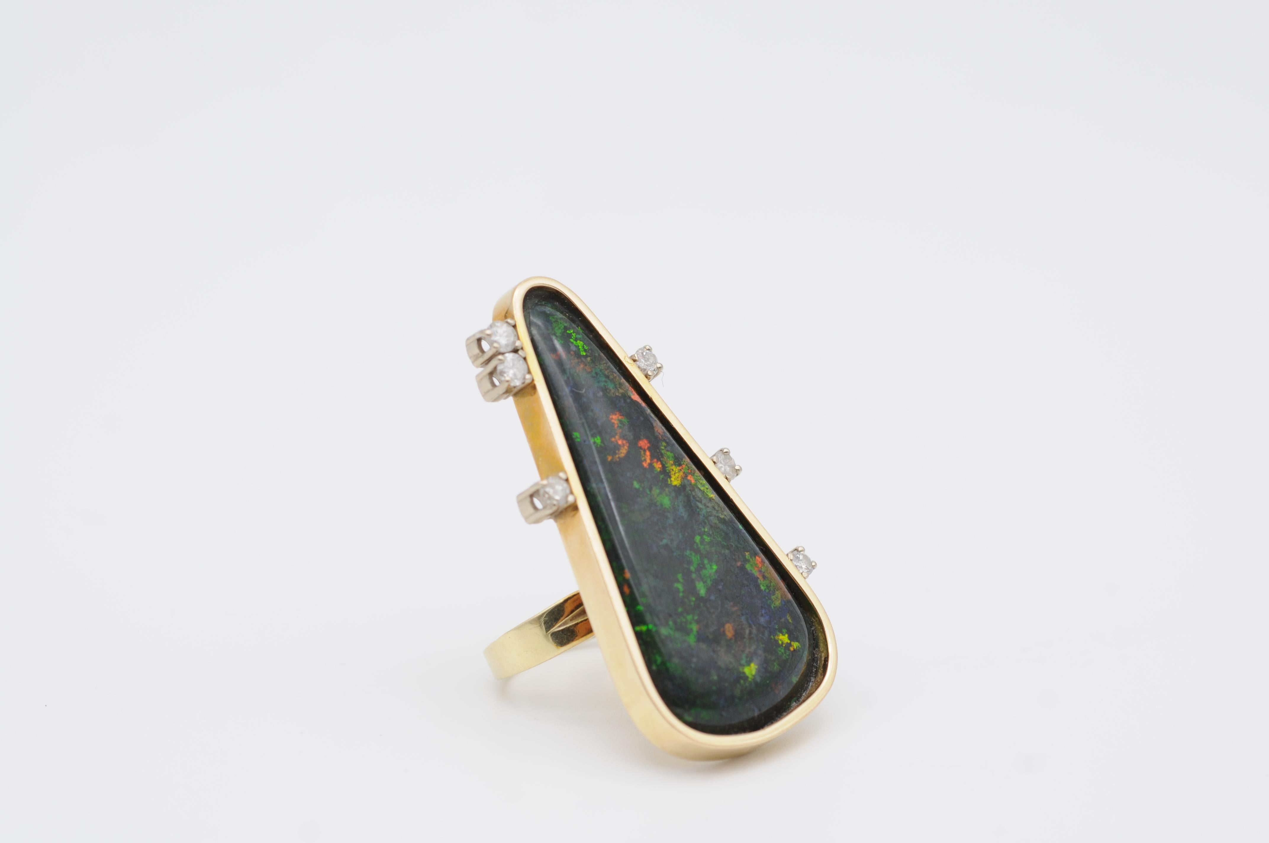 Modern Fancy Australian Black Opal Ring with Brilliants, 14k Yellow Gold
