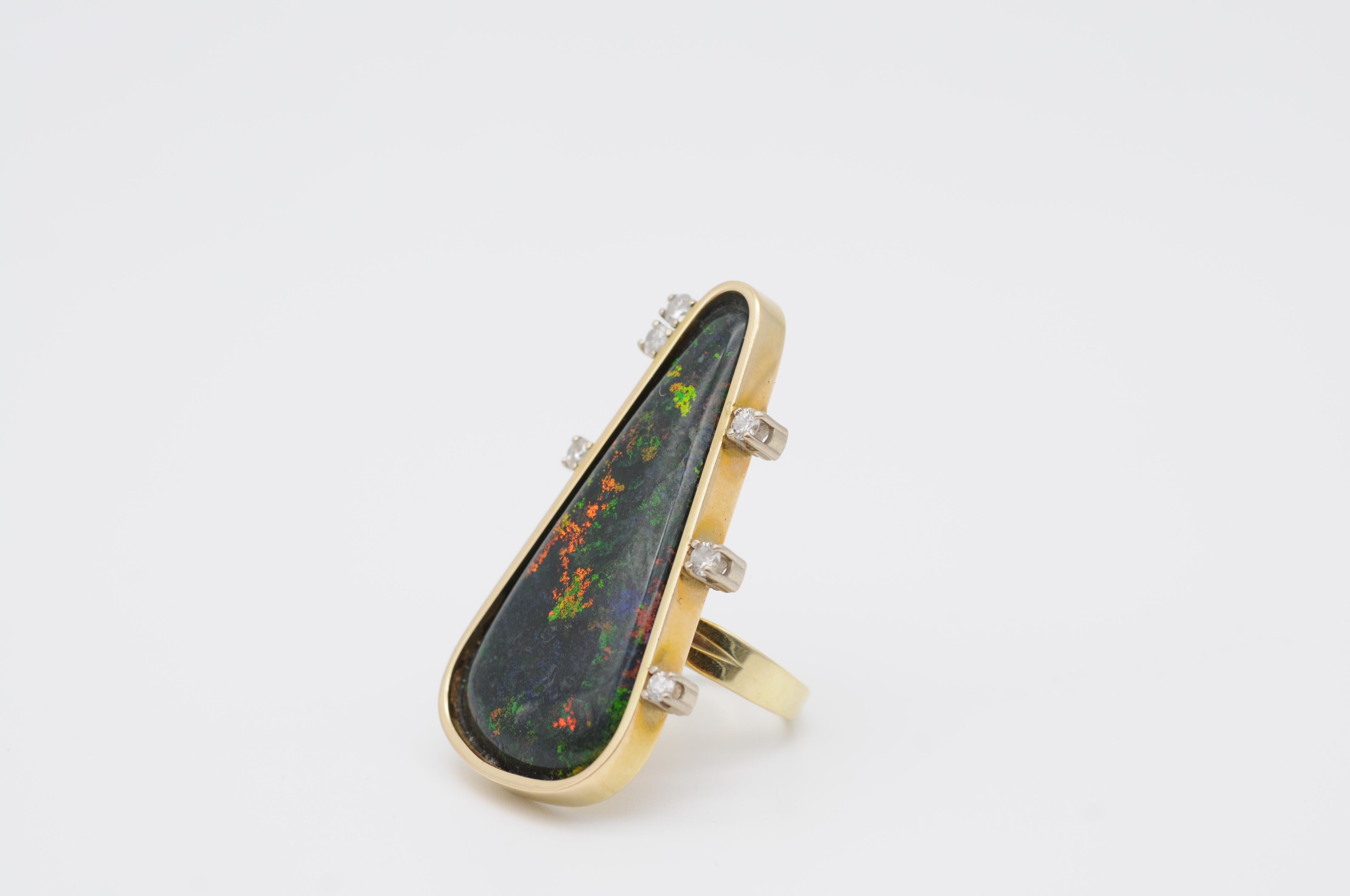 Brilliant Cut Fancy Australian Black Opal Ring with Brilliants, 14k Yellow Gold