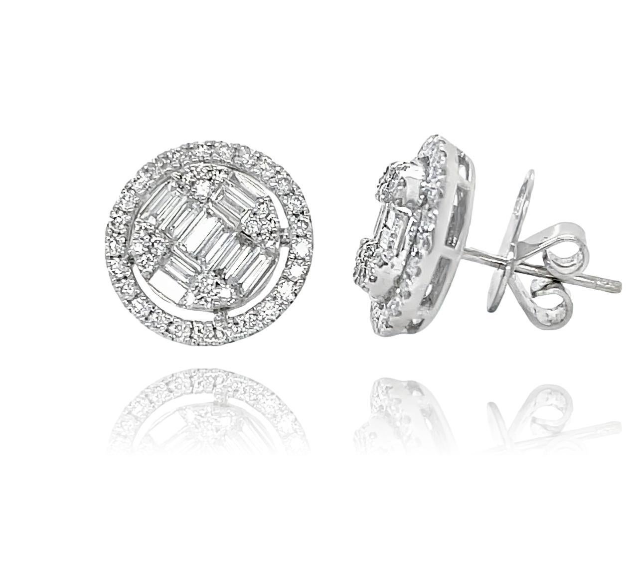 These stunning invisible set diamond stud earrings are surrounded with natural brilliant cut white round and baguette diamonds all set in 14K gold. They have double push back closure for extra security and snug fit. These earrings come in a