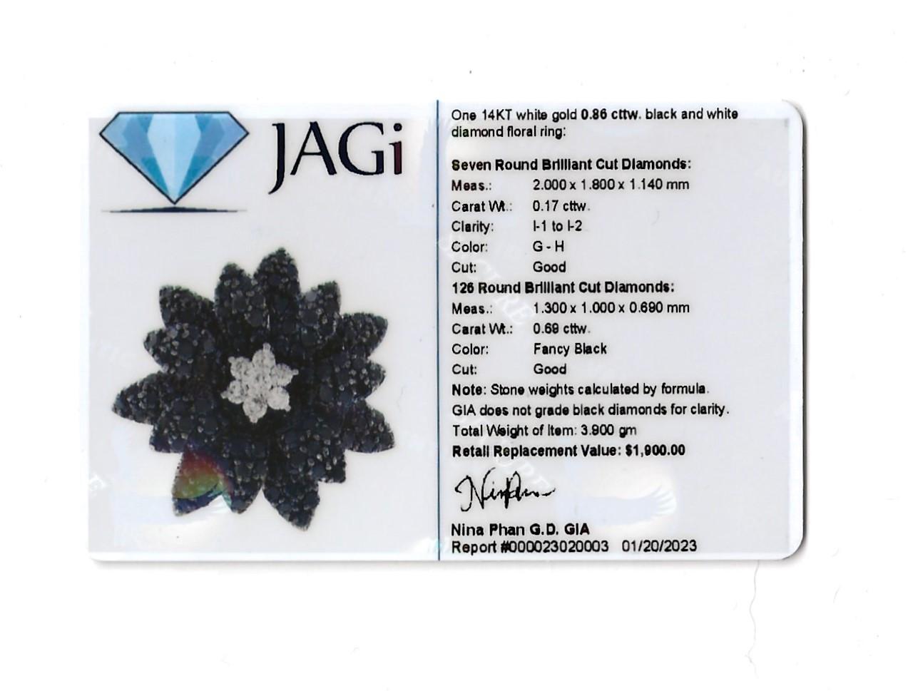Fancy Black and White Diamond 3D Flower Cocktail Ring in 14 Karat White Gold For Sale 11