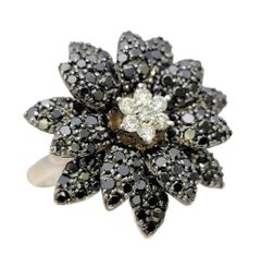 Fancy Black and White Diamond 3D Flower Cocktail Ring in 14 Karat White Gold
