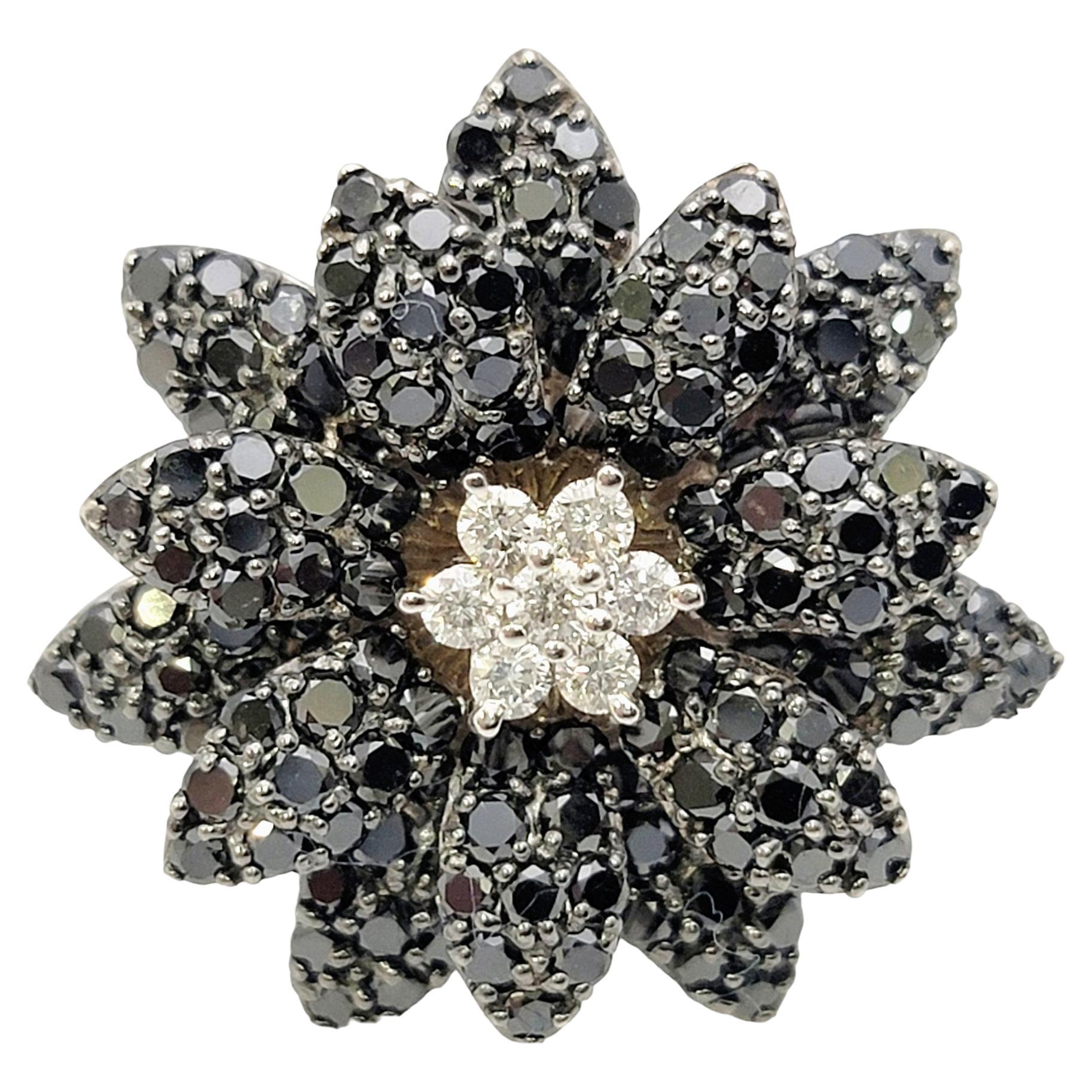 Fancy Black and White Diamond 3D Flower Cocktail Ring in 14 Karat White Gold