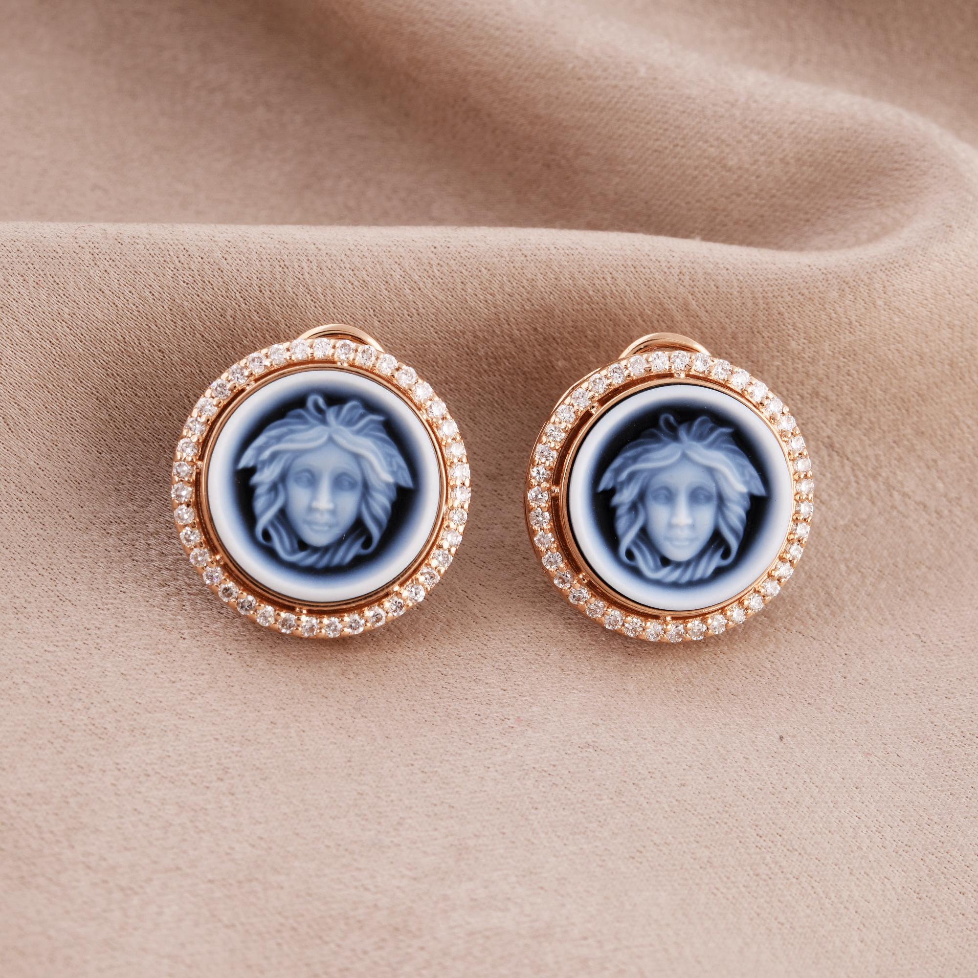 Modern Fancy Black Onyx Gemstone Medusa Head Earrings Diamond Pave 14 Karat Rose Gold For Sale