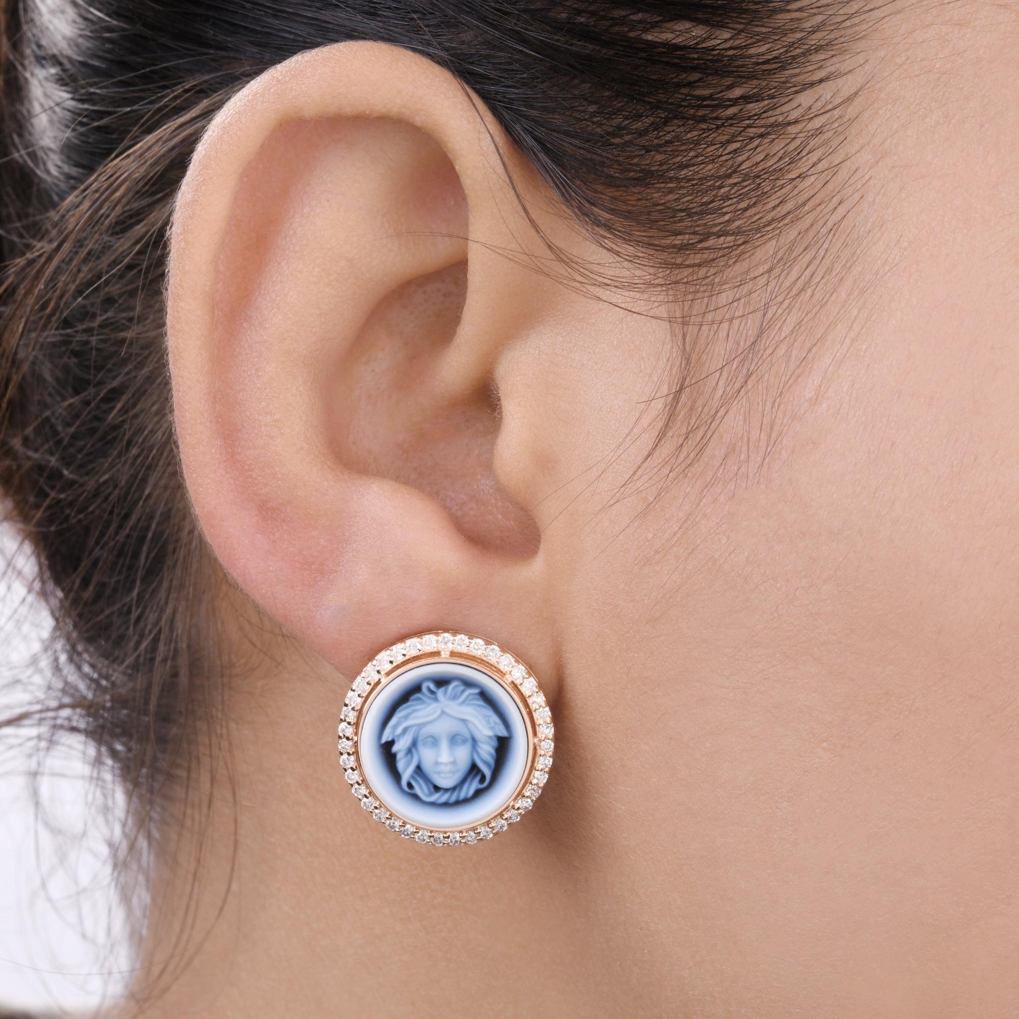 Round Cut Fancy Black Onyx Gemstone Medusa Head Earrings Diamond Pave 14 Karat Rose Gold For Sale