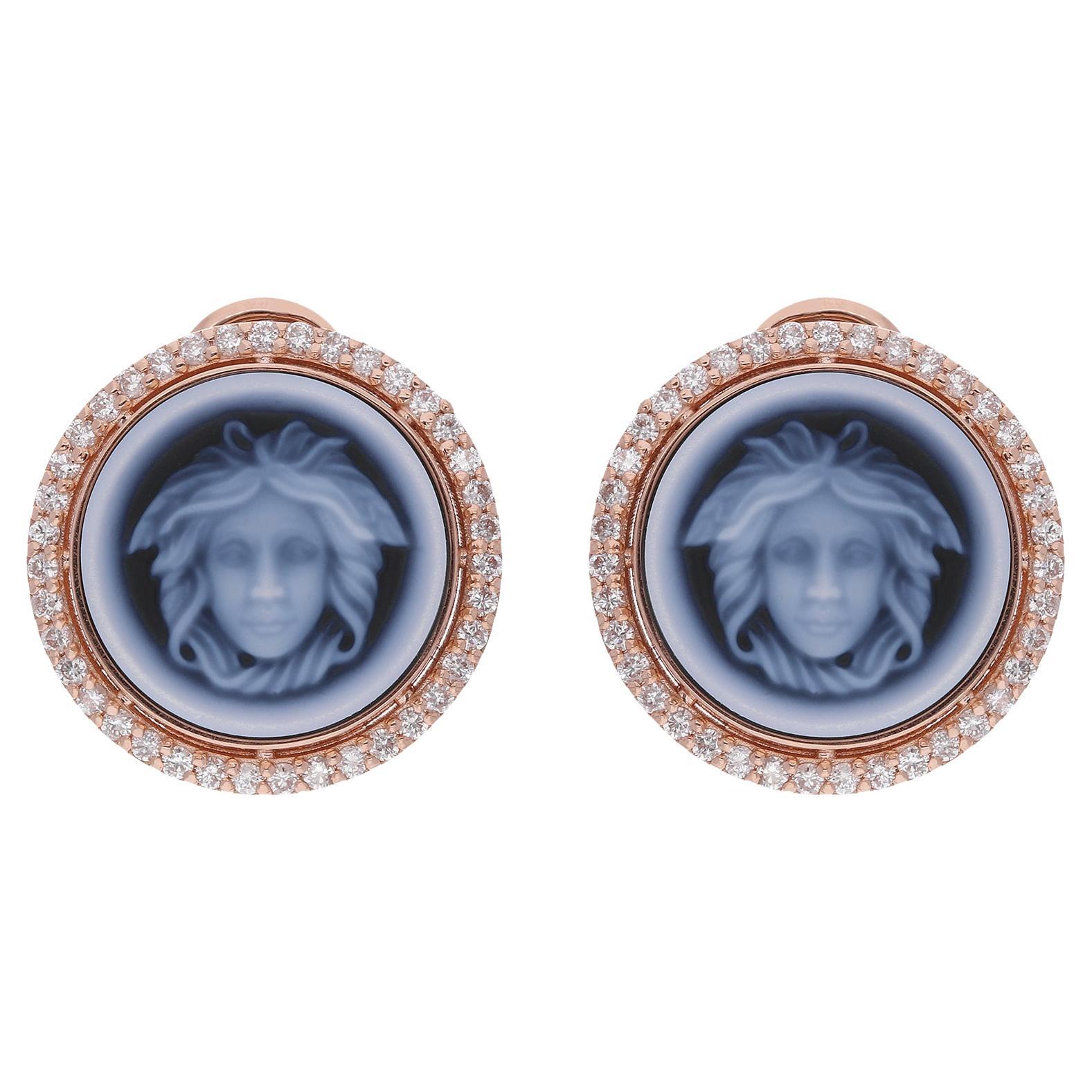 Fancy Black Onyx Gemstone Medusa Head Earrings Diamond Pave 18 Karat Rose Gold For Sale