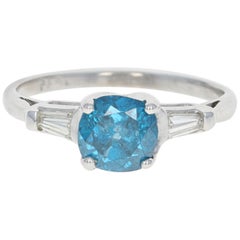 Vintage Fancy Blue and White Diamond Engagement Ring, Platinum Cushion Cut 1.45 Carat