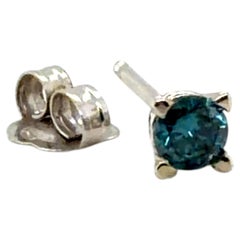 Fancy Blue Diamond Single Stud Earring Mined .15ct 14K White Gold 4 Prong