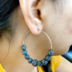 Fancy Blue Pave Diamonds Balls Hoop Earrings Made in Silver