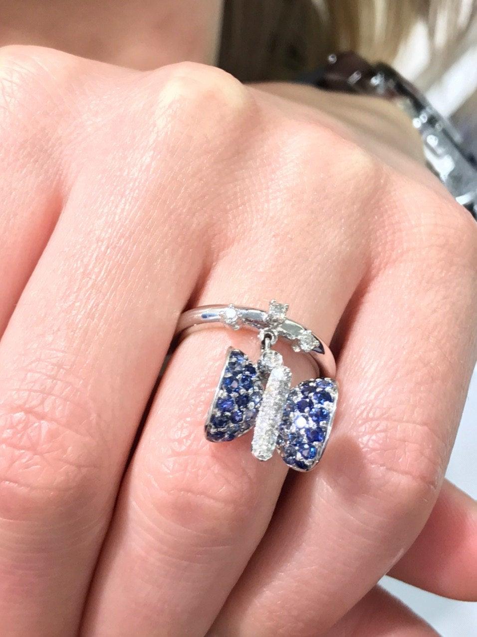 For Sale:  Fancy Blue Sapphire Butterfly Ring White Diamond White Gold 2