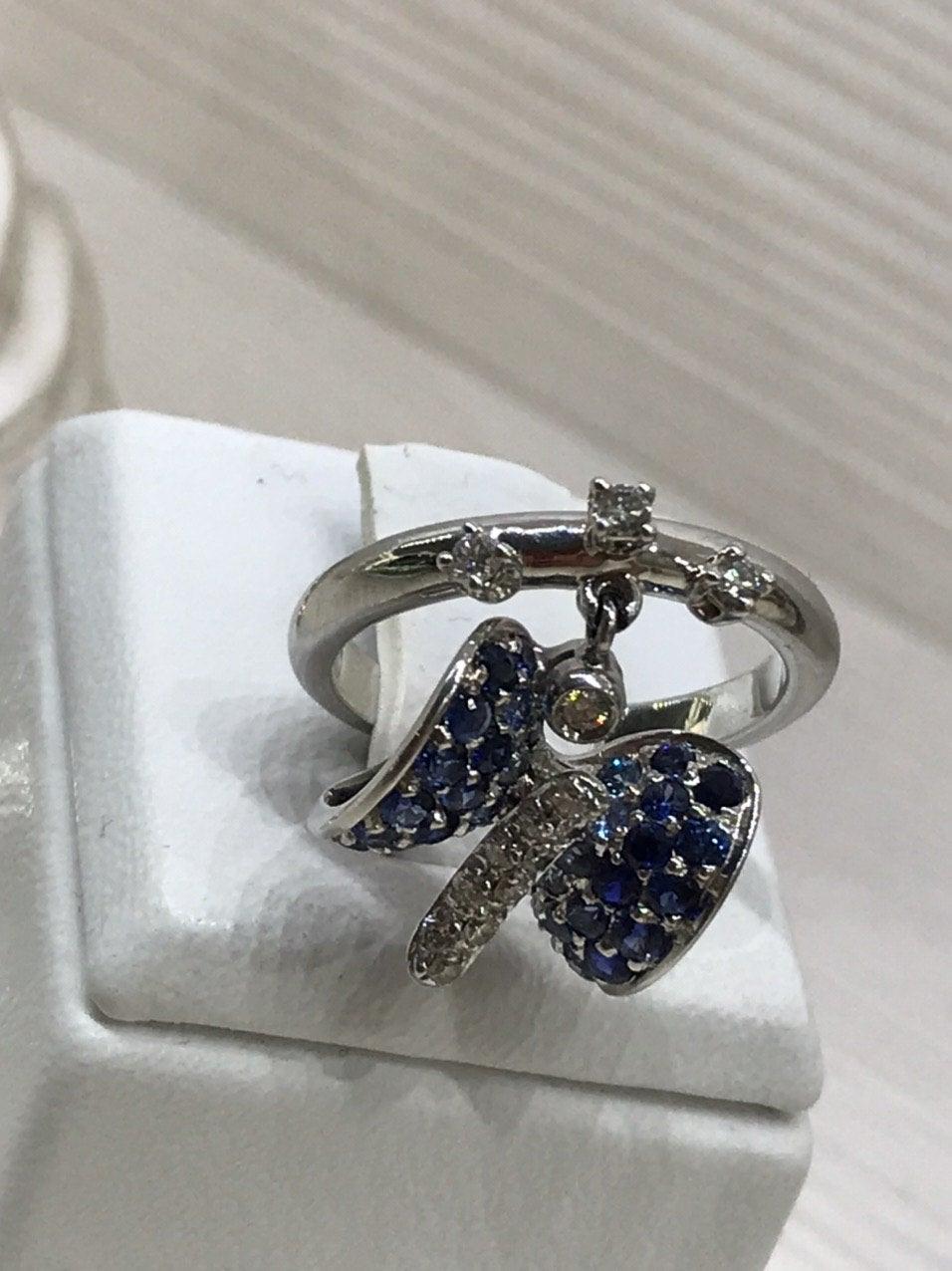 For Sale:  Fancy Blue Sapphire Butterfly Ring White Diamond White Gold 4