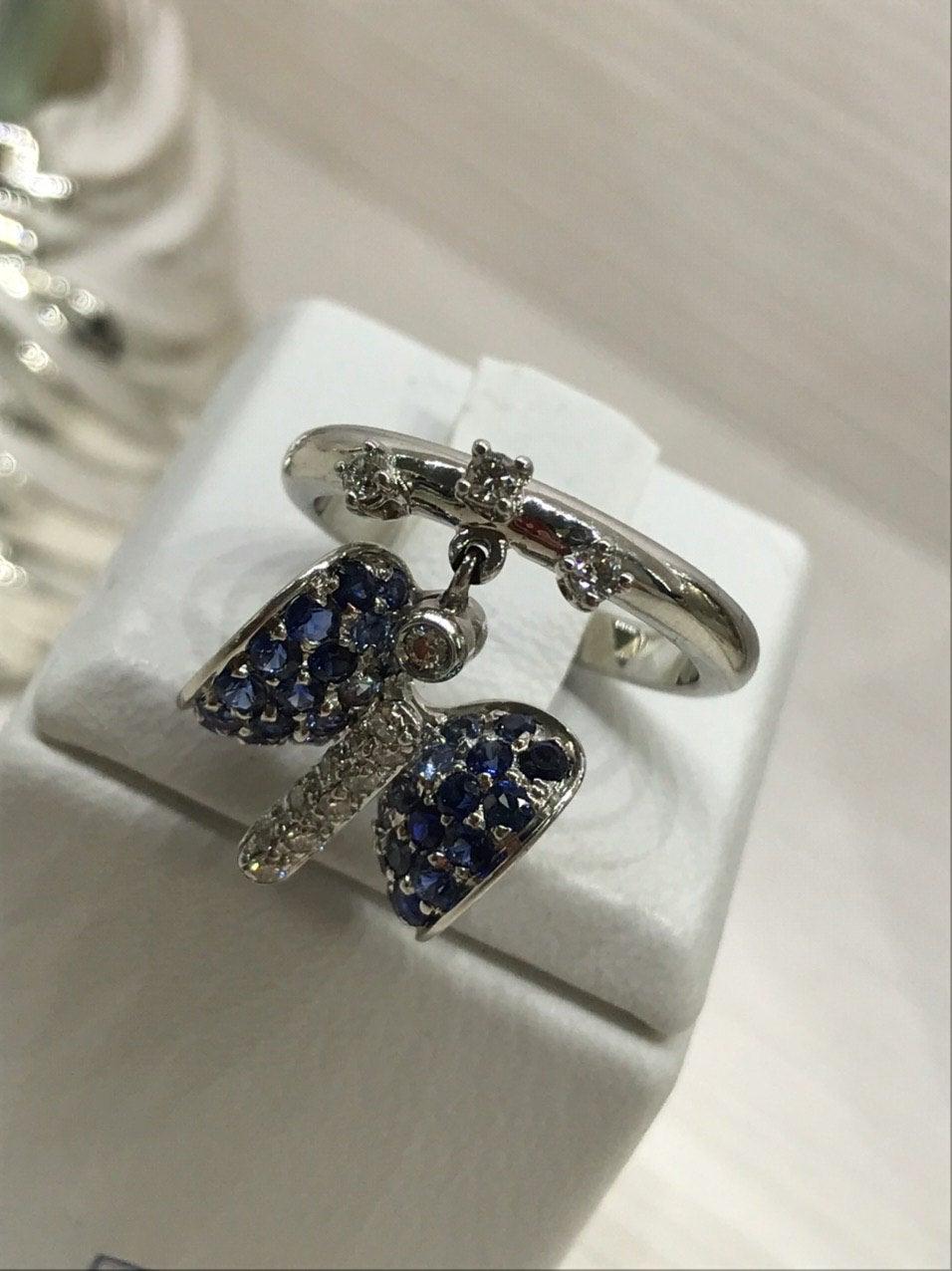 For Sale:  Fancy Blue Sapphire Butterfly Ring White Diamond White Gold 5