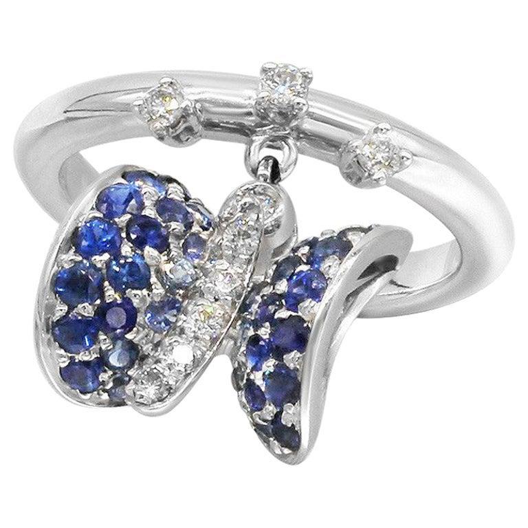 For Sale:  Fancy Blue Sapphire Butterfly Ring White Diamond White Gold