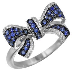 Fancy Blue Sapphire White Diamond White Gold Bow Tie Statement Ring