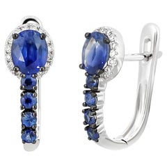 Fancy Blue Sapphire White Diamond White Gold Lever-Back Every Day Earrings