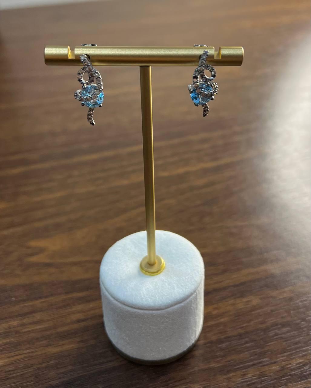 These exquisite earrings feature a captivating design.

Adorned with shimmering diamonds, each earring showcases a delicate arrangement of sparkling diamonds surrounding a central blue topaz.

Expertly crafted in a lustrous 14K White Gold.

A