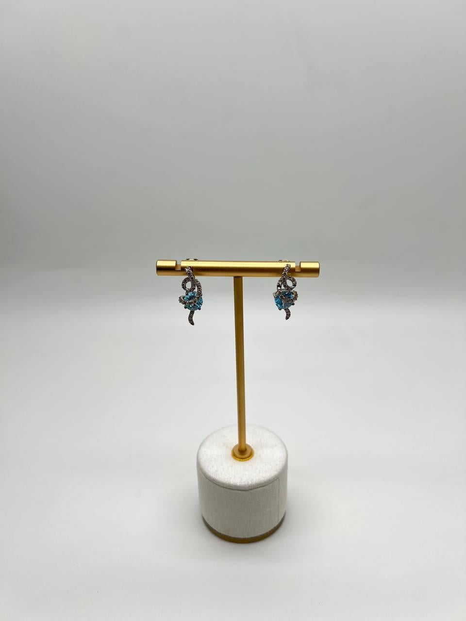 Fancy Blue Topaz White Champagne Diamond Halo 14K White Gold Fancy Earrings For Sale 1