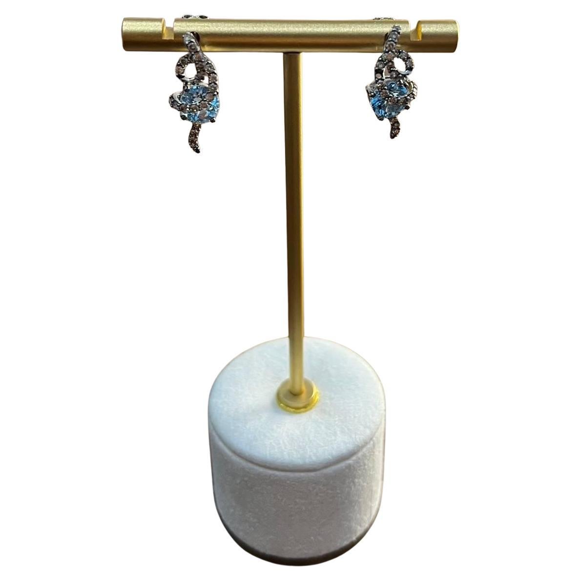 Fancy Blue Topaz White Champagne Diamond Halo 14K White Gold Fancy Earrings