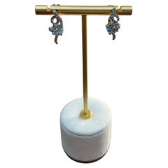 Fancy Blue Topaz White Champagne Diamond Halo 14K White Gold Fancy Earrings