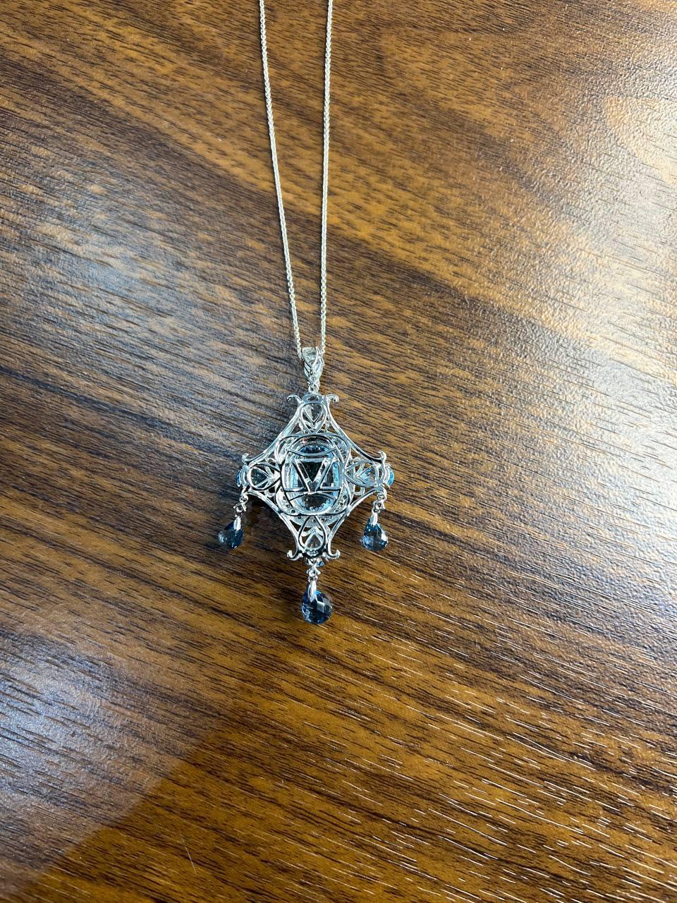 Fancy Blue Topaz White Diamond Halo 14K White Gold Chandelier Pendant Necklace For Sale 7