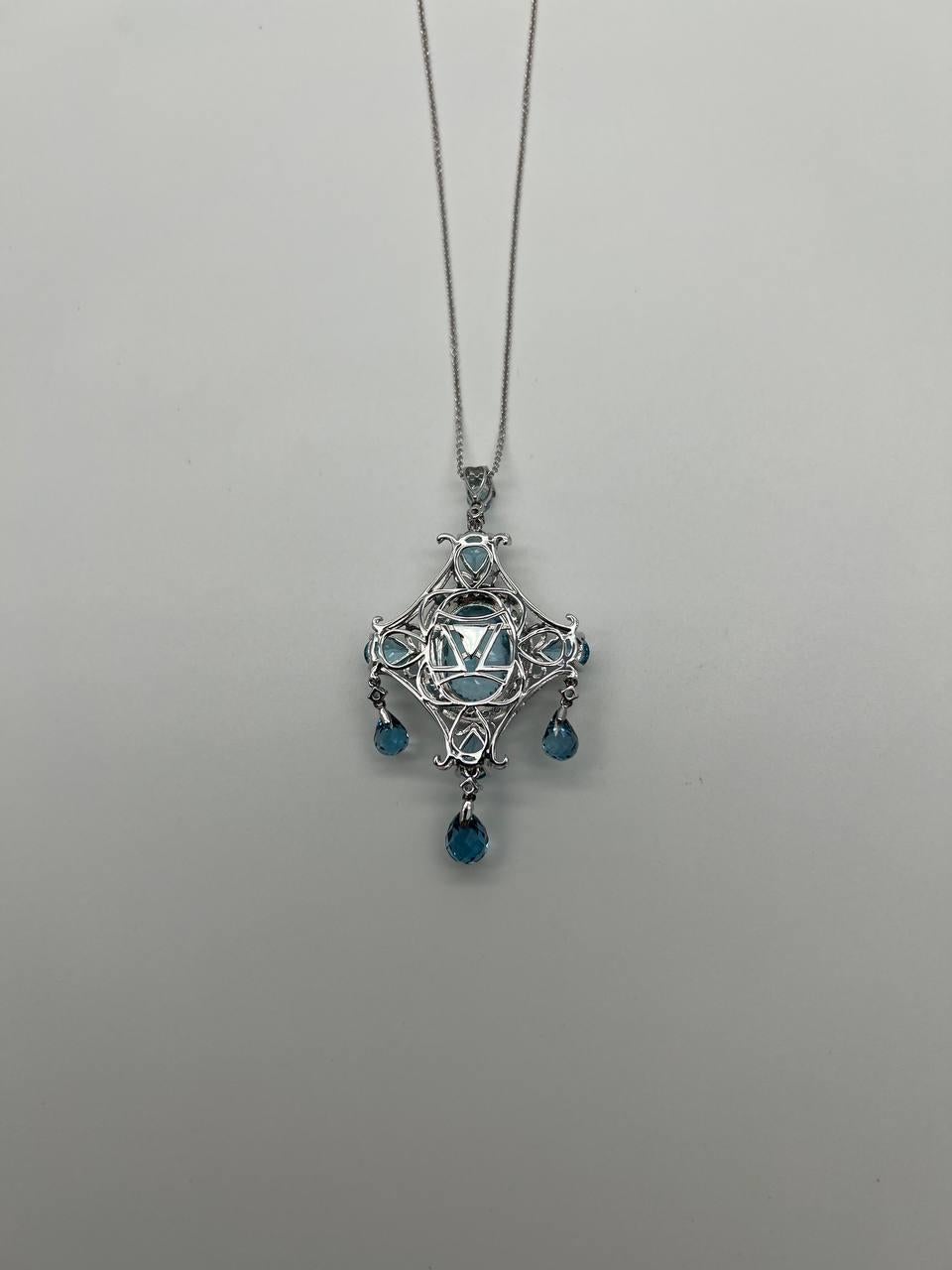 Oval Cut Fancy Blue Topaz White Diamond Halo 14K White Gold Chandelier Pendant Necklace For Sale