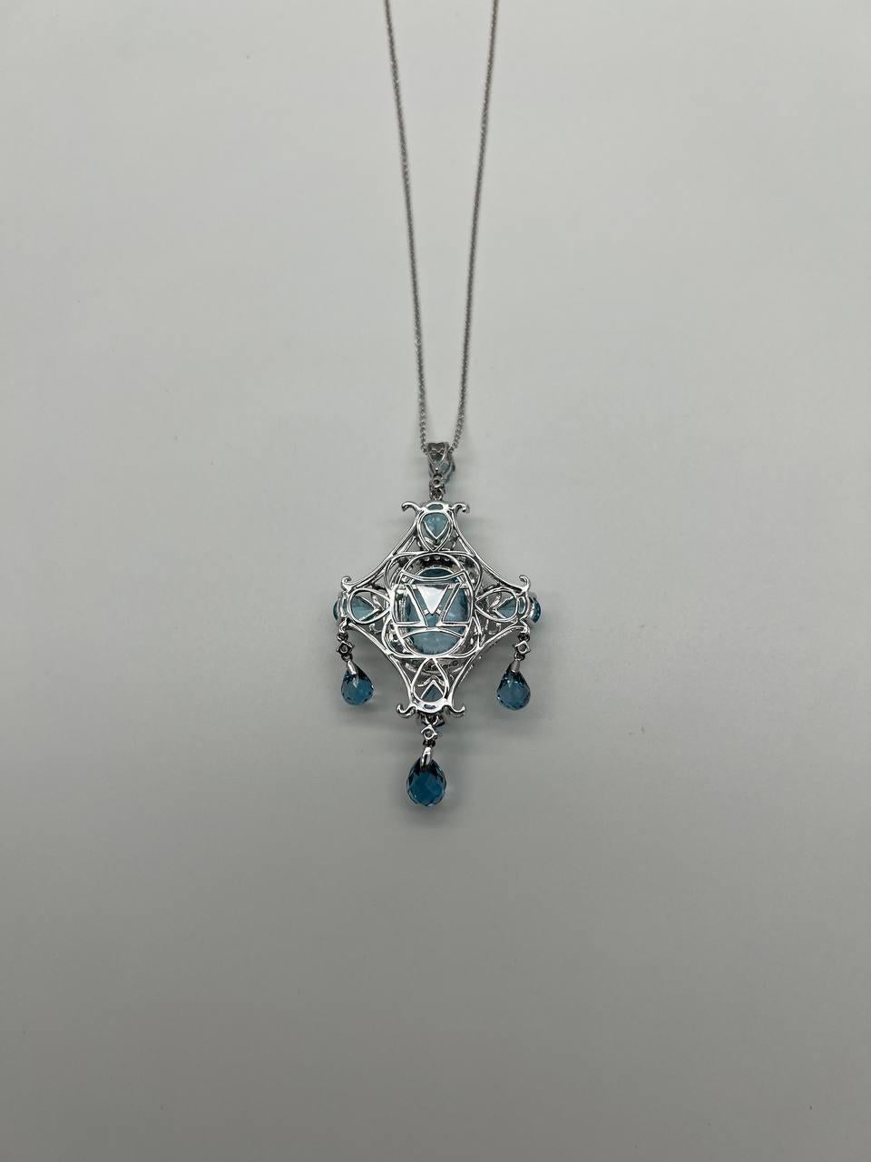 Fancy Blue Topaz White Diamond Halo 14K White Gold Chandelier Pendant Necklace In New Condition For Sale In Oakton, VA