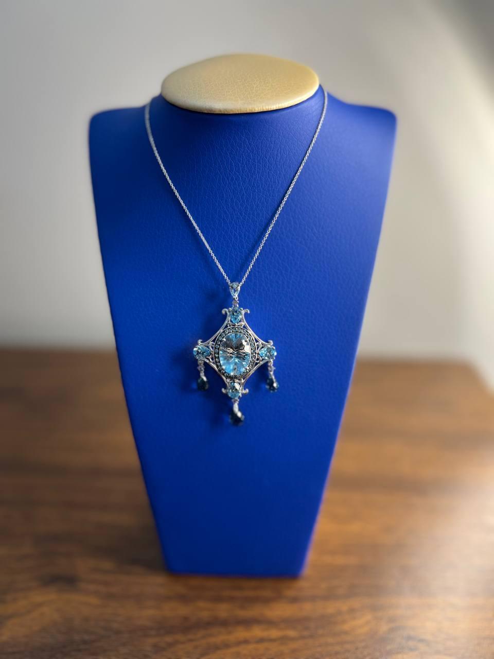 Women's Fancy Blue Topaz White Diamond Halo 14K White Gold Chandelier Pendant Necklace For Sale