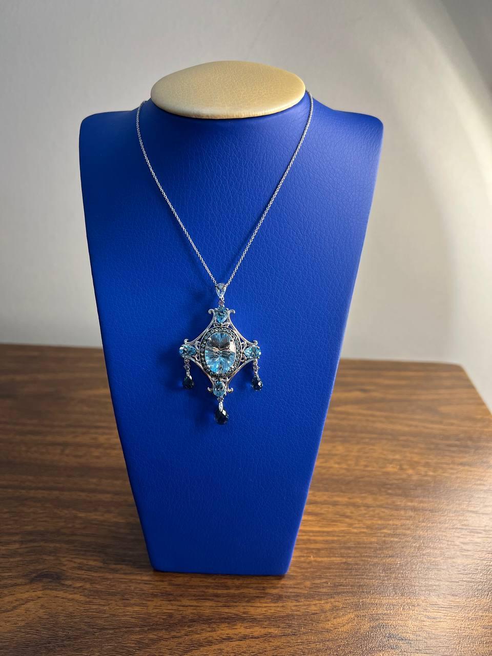 Fancy Blue Topaz White Diamond Halo 14K White Gold Chandelier Pendant Necklace For Sale 1