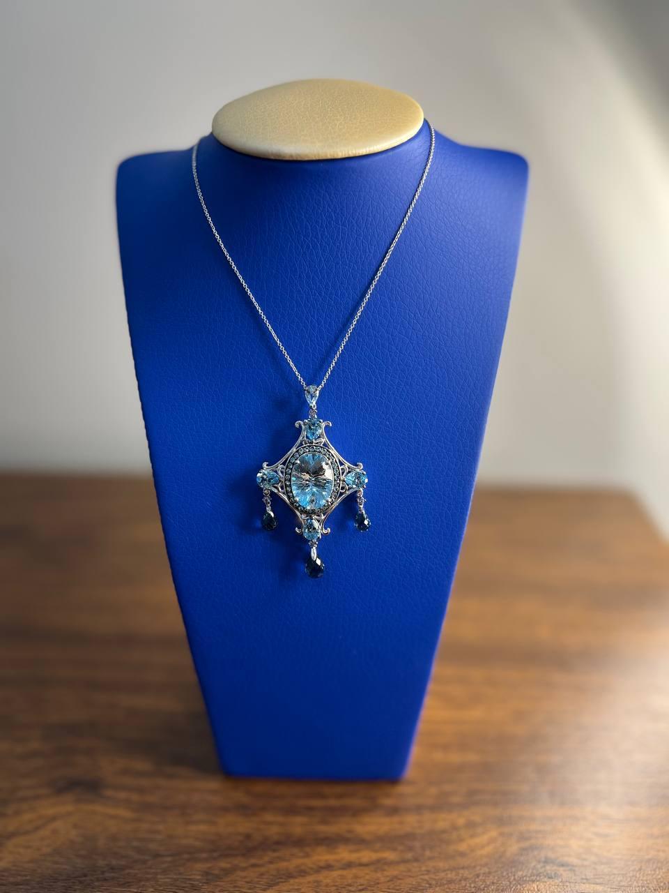 Fancy Blue Topaz White Diamond Halo 14K White Gold Chandelier Pendant Necklace For Sale 2