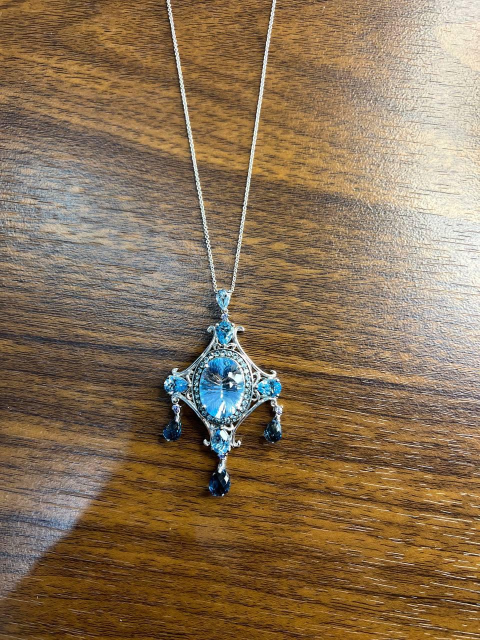 Fancy Blue Topaz White Diamond Halo 14K White Gold Chandelier Pendant Necklace For Sale 3