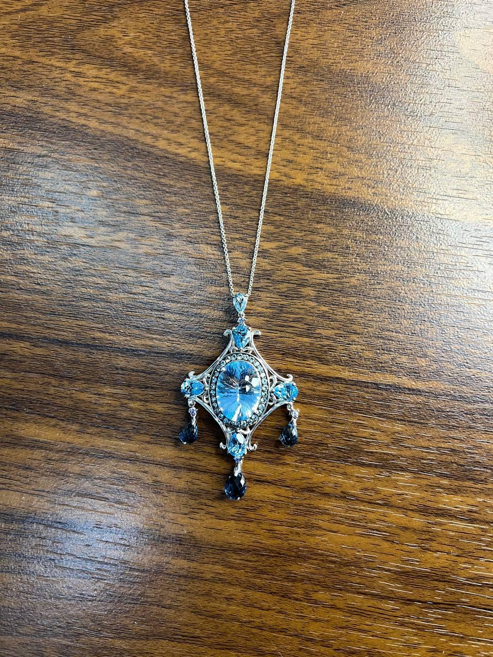 Fancy Blue Topaz White Diamond Halo 14K White Gold Chandelier Pendant Necklace For Sale 4