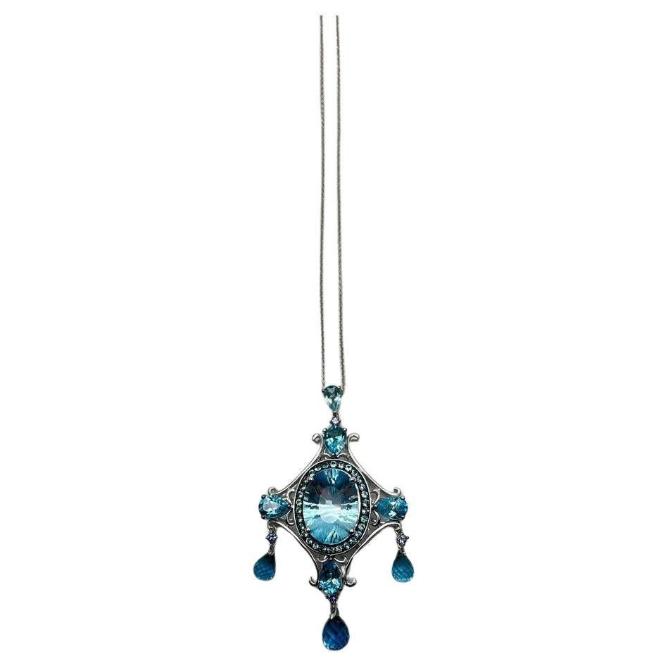 Fancy Blue Topaz White Diamond Halo 14K White Gold Chandelier Pendant Necklace