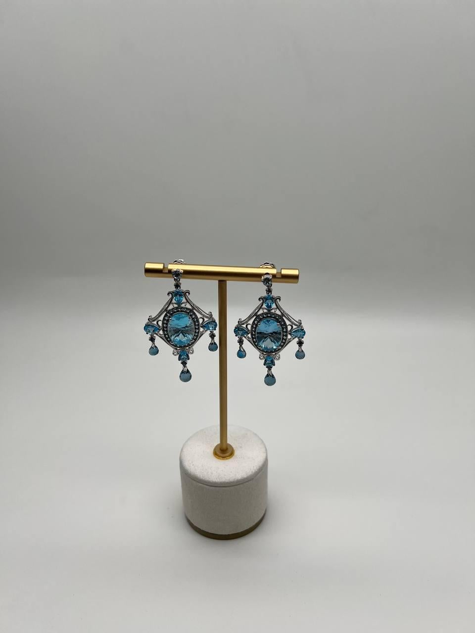Fancy Blue Topaz White Diamond Halo 14K White Gold Fancy Chandelier Earrings For Sale 5