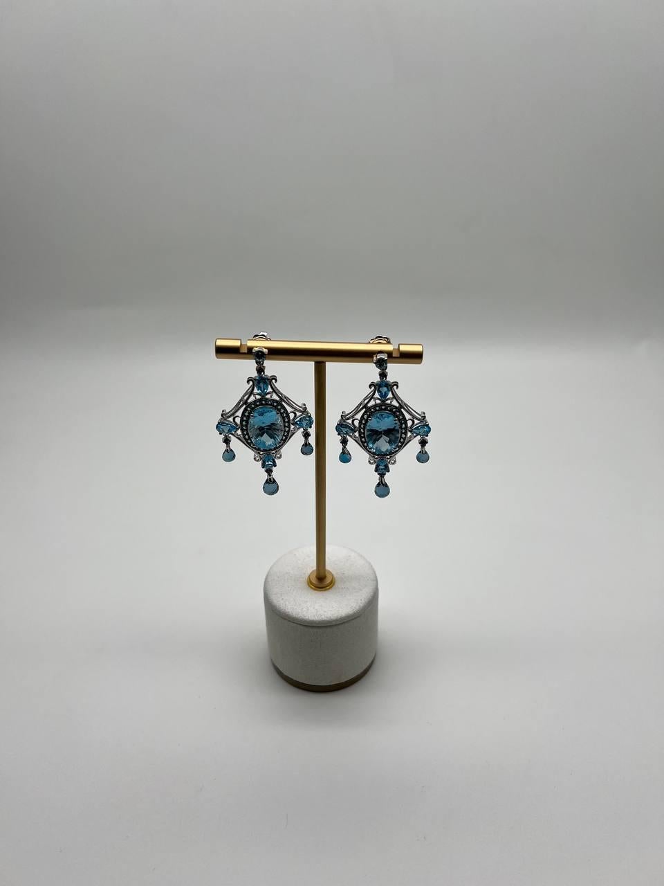 Fancy Blue Topaz White Diamond Halo 14K White Gold Fancy Chandelier Earrings For Sale 6