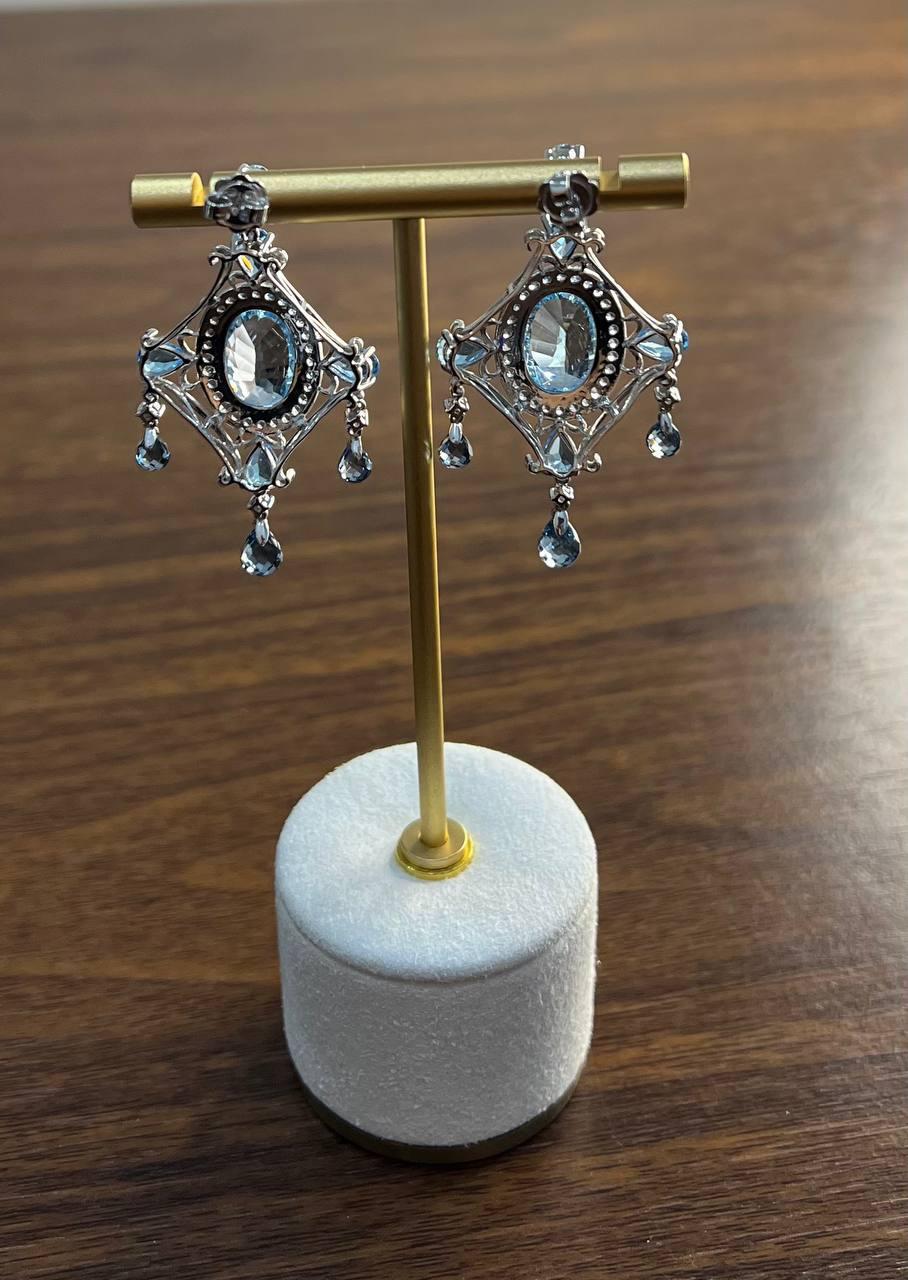 Mixed Cut Fancy Blue Topaz White Diamond Halo 14K White Gold Fancy Chandelier Earrings For Sale
