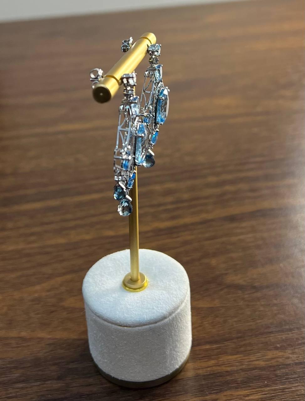 Fancy Blue Topaz White Diamond Halo 14K White Gold Fancy Chandelier Earrings In New Condition For Sale In Oakton, VA