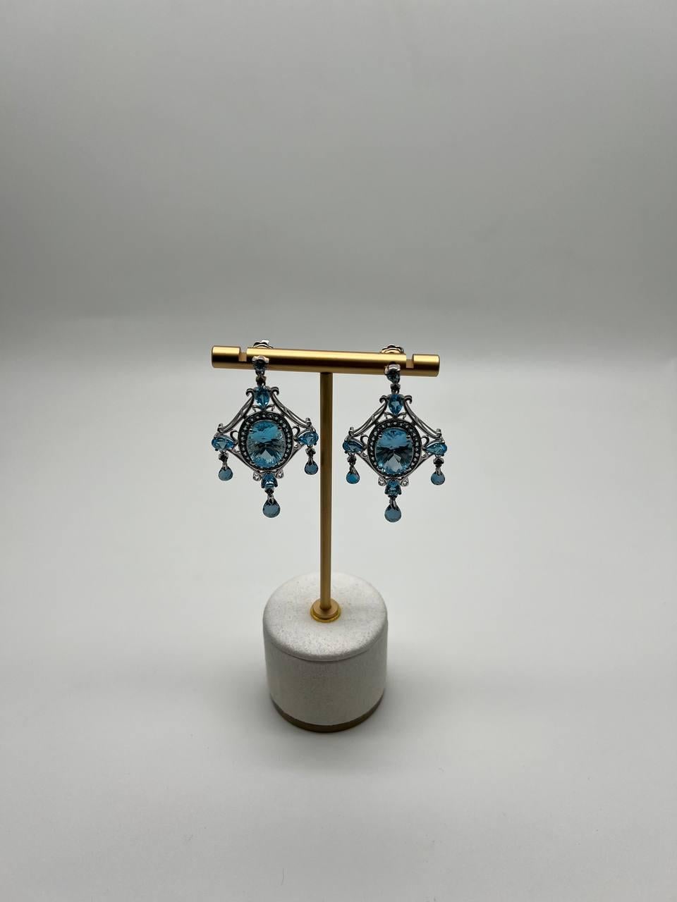 Fancy Blue Topaz White Diamond Halo 14K White Gold Fancy Chandelier Earrings For Sale 1