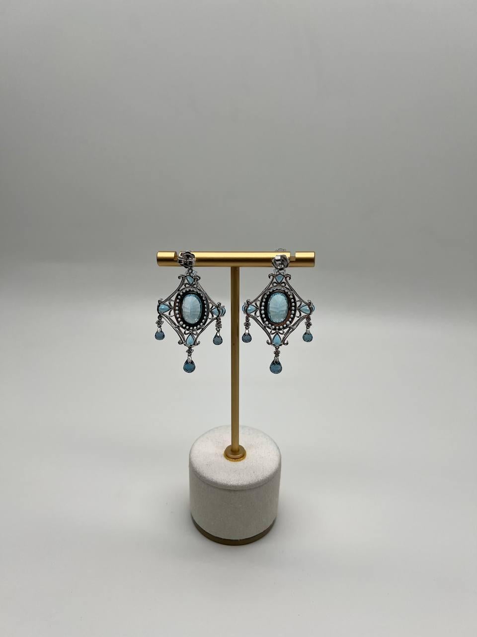 Fancy Blue Topaz White Diamond Halo 14K White Gold Fancy Chandelier Earrings For Sale 2