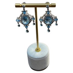 Fancy Blue Topaz White Diamond Halo 14K White Gold Fancy Chandelier Earrings