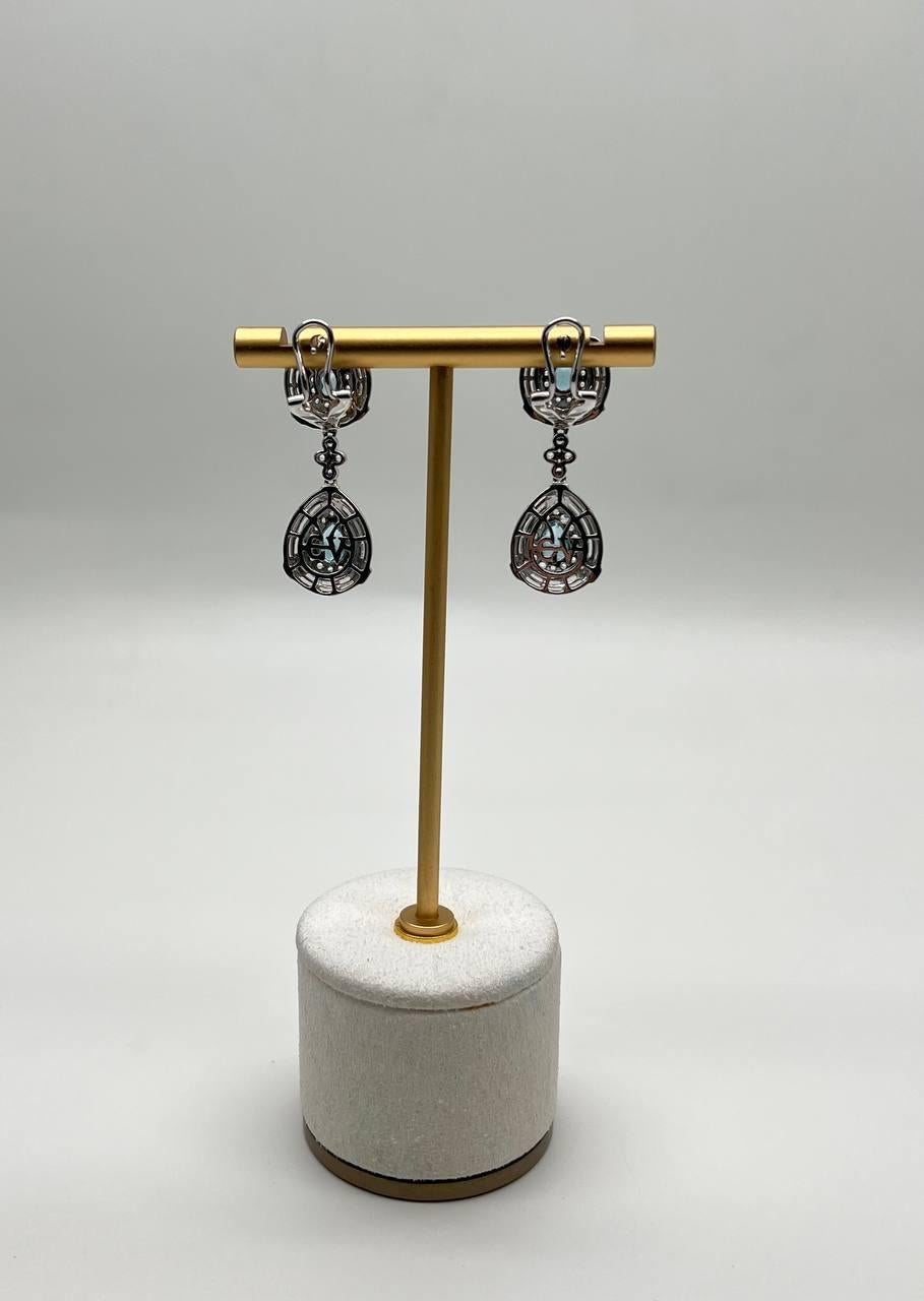 Mixed Cut Fancy Blue Topaz White Diamond Halo 14K White Gold Fancy Drop Lattice Earrings For Sale