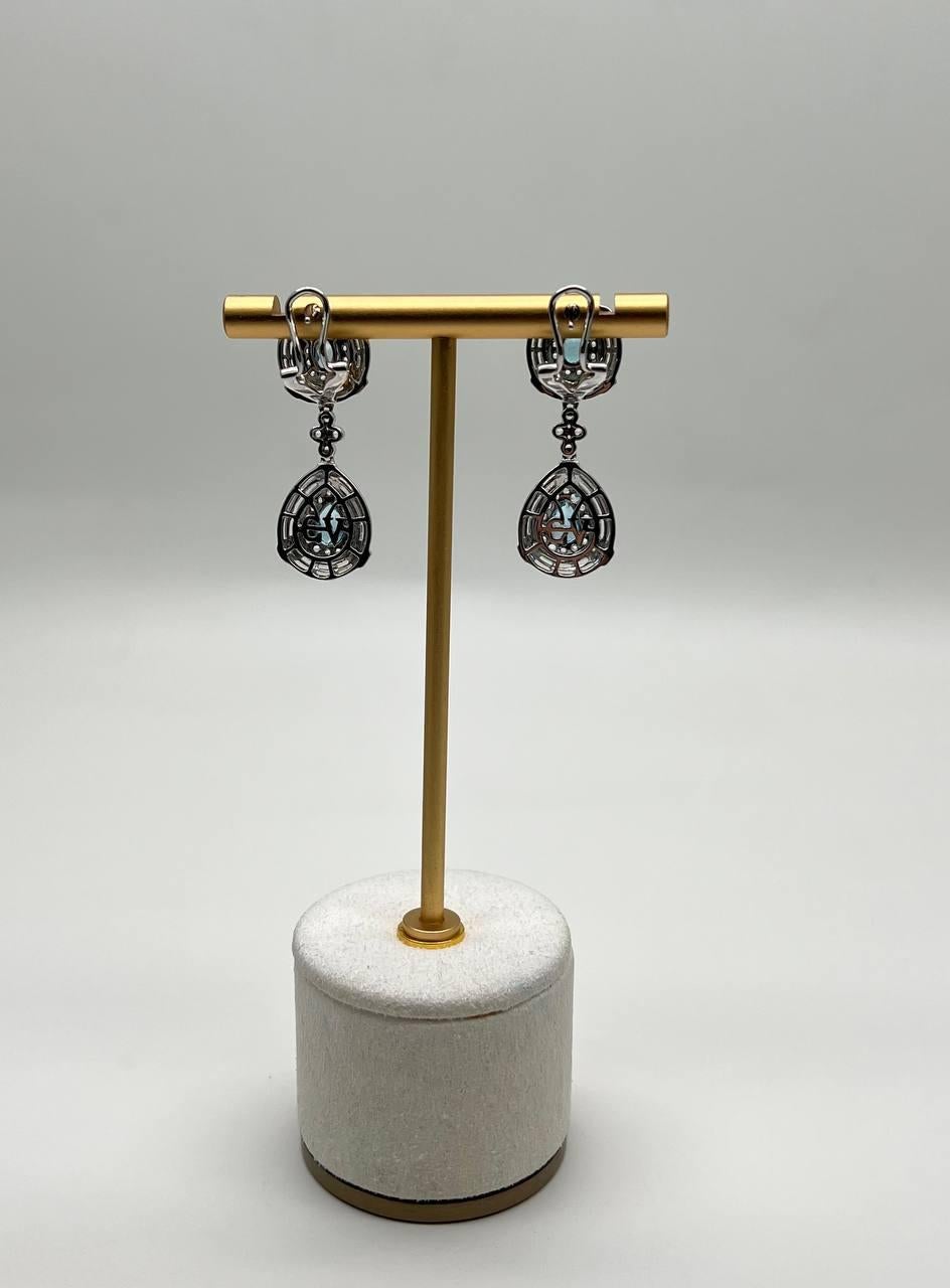 Fancy Blue Topaz White Diamond Halo 14K White Gold Fancy Drop Lattice Earrings In New Condition For Sale In Oakton, VA