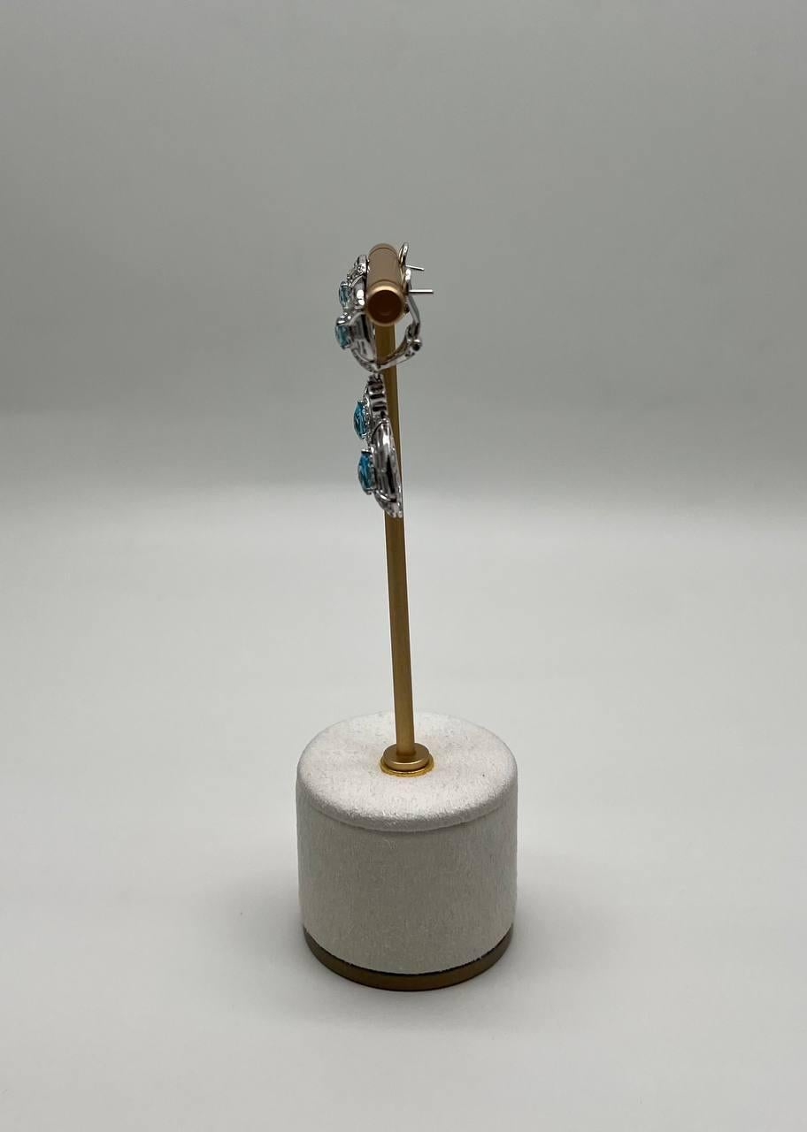 Women's Fancy Blue Topaz White Diamond Halo 14K White Gold Fancy Drop Lattice Earrings For Sale