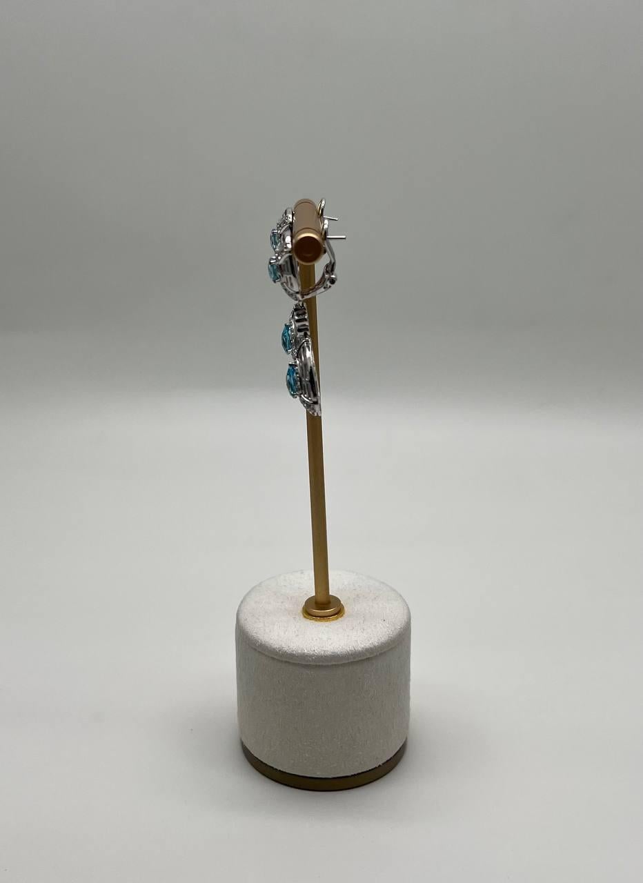 Fancy Blue Topaz White Diamond Halo 14K White Gold Fancy Drop Lattice Earrings For Sale 1