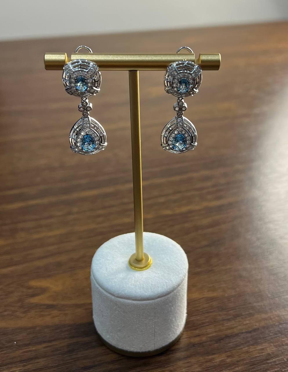 Fancy Blue Topaz White Diamond Halo 14K White Gold Fancy Drop Lattice Earrings For Sale 2