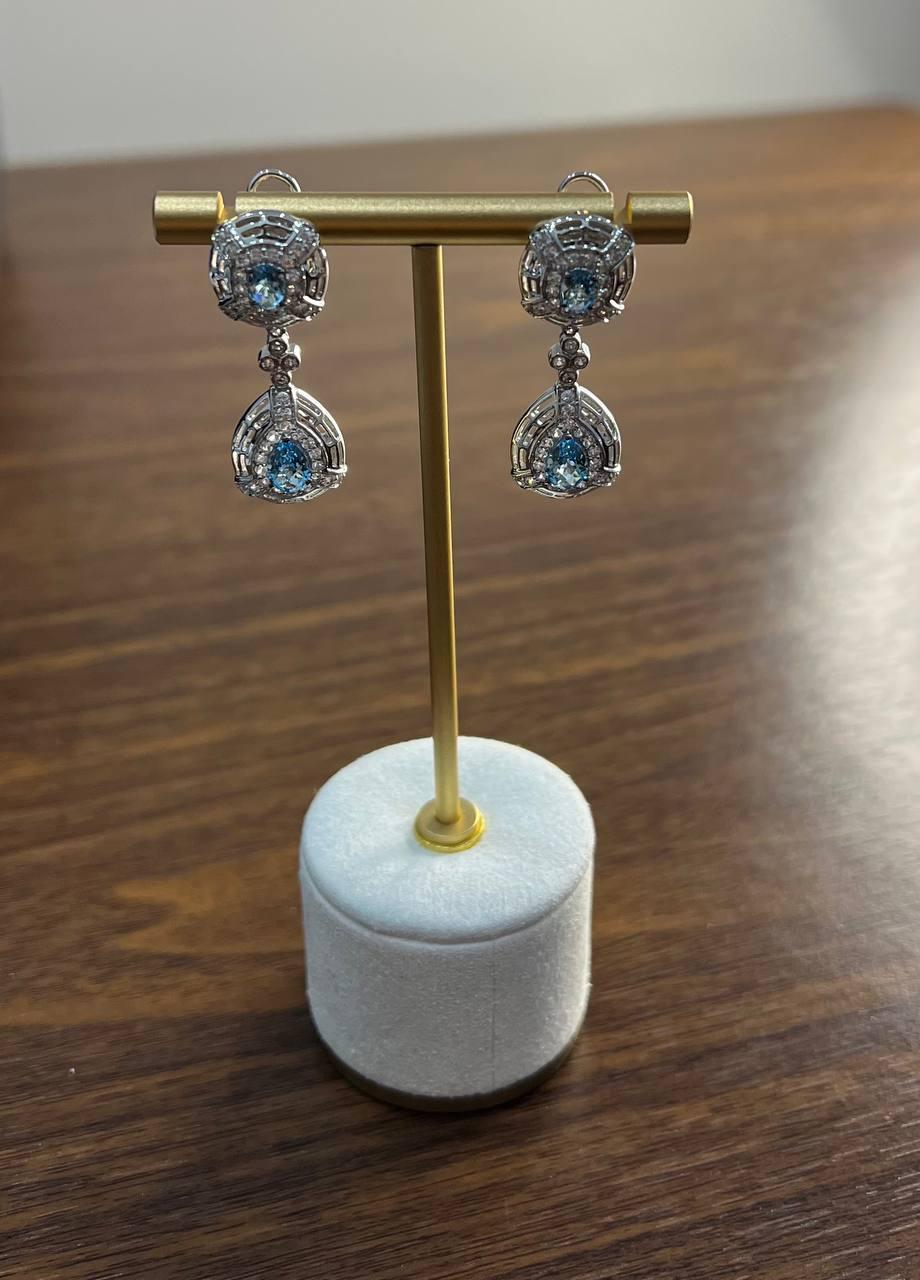 Fancy Blue Topaz White Diamond Halo 14K White Gold Fancy Drop Lattice Earrings For Sale 3