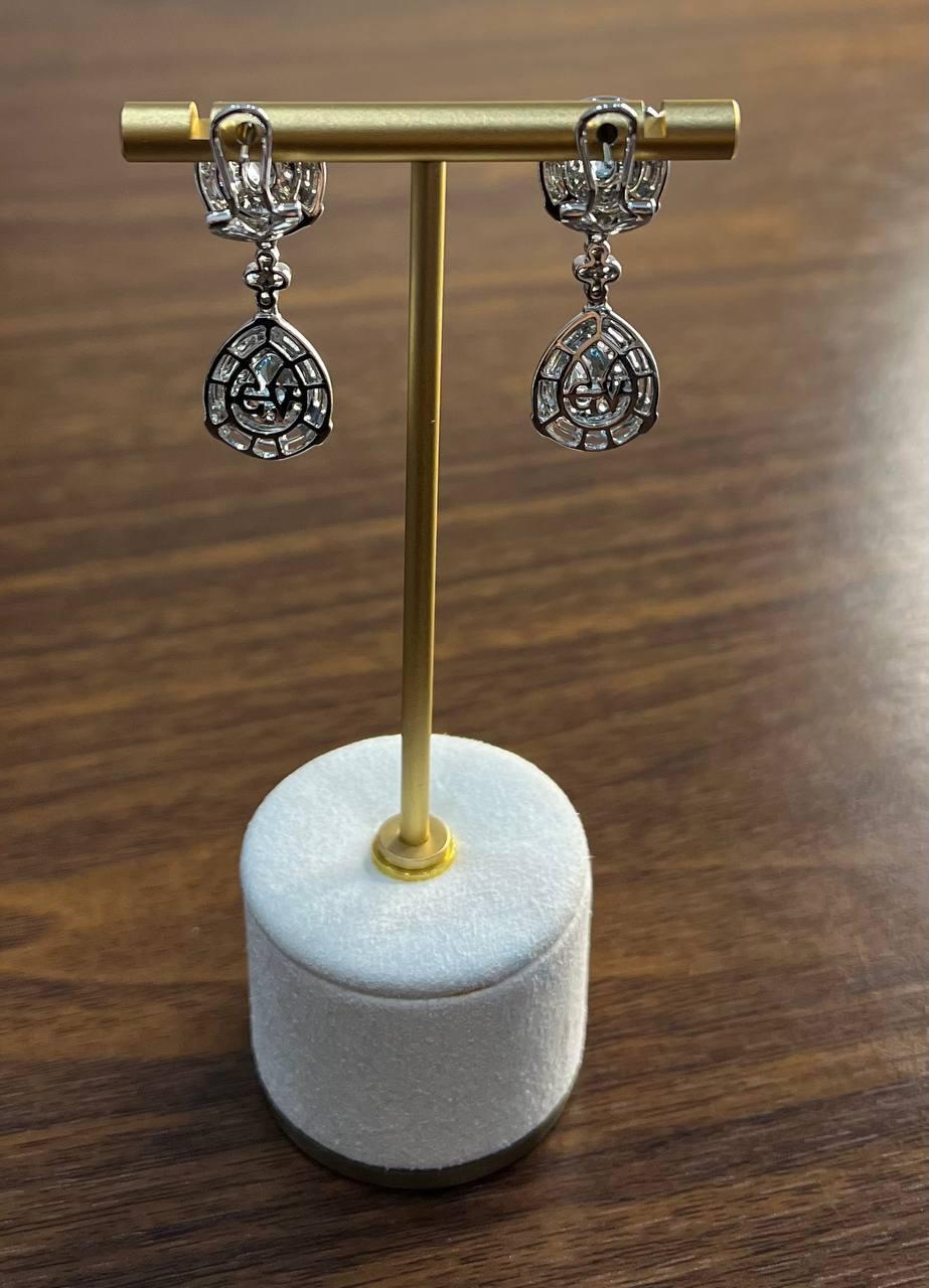 Fancy Blue Topaz White Diamond Halo 14K White Gold Fancy Drop Lattice Earrings For Sale 4
